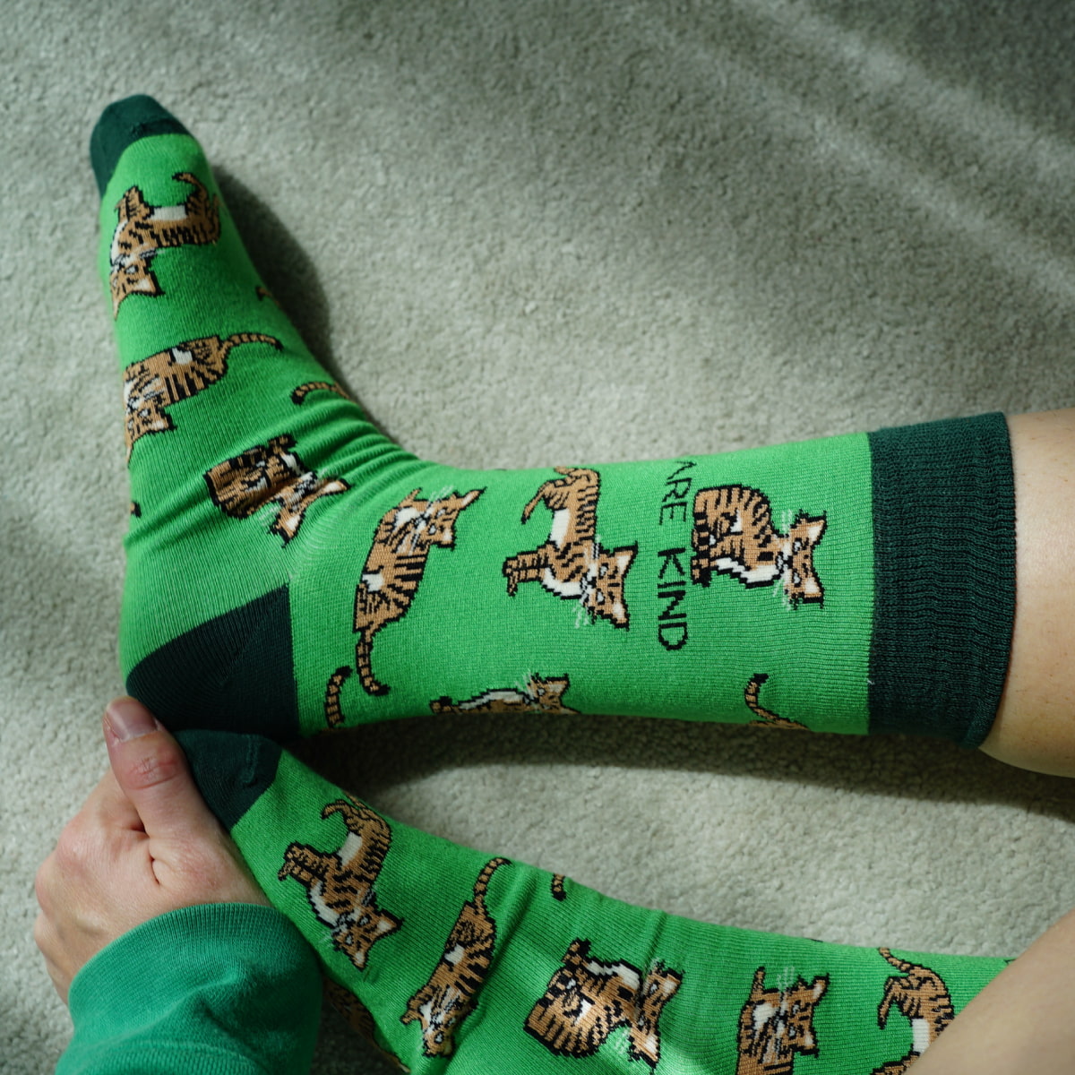 Model wearing highland wild cat bamboo socks