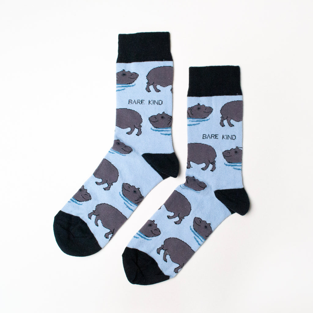 flat lay of blue hippo socks made with bamboo fibre
