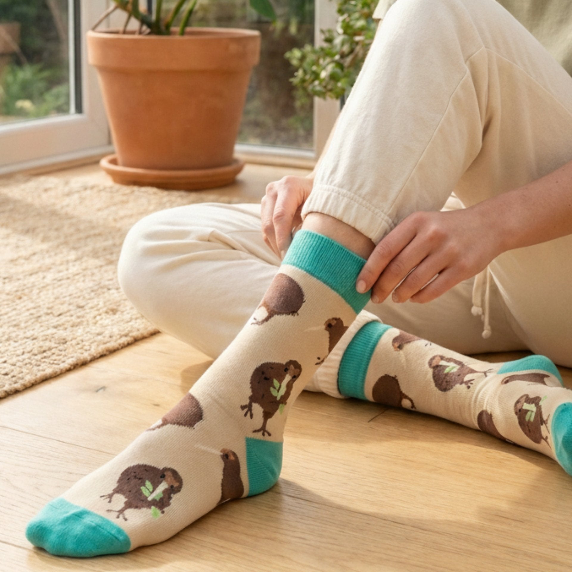 Model wearing Kiwi socks