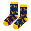 flat lay of navy blue leopard bamboo socks for kids