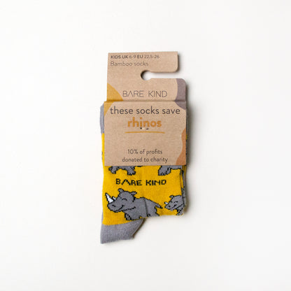 folded flat of rhino socks for kids in 100% recyclable cardboard packaging