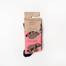 folded flat lay of kids sloth socks in 100% recyclable packaging