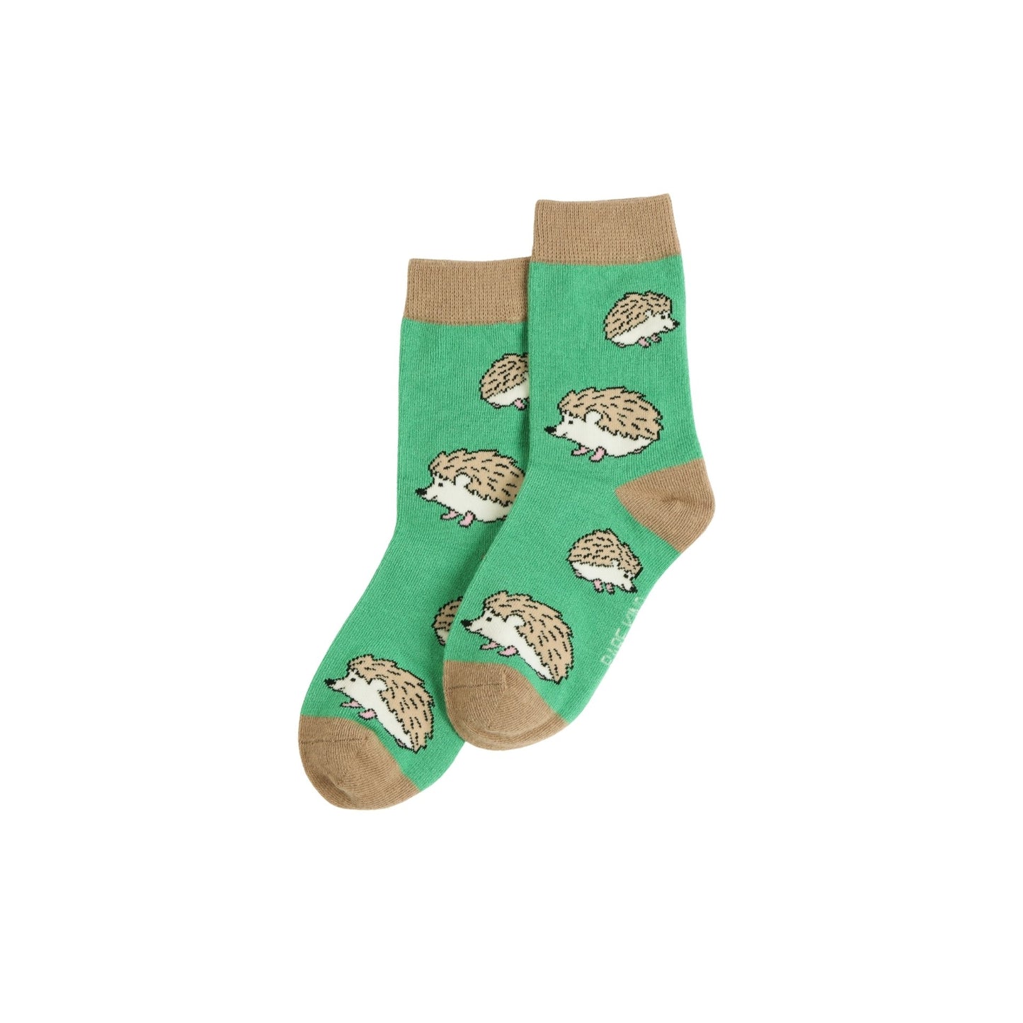 Green socks with hedgehog pattern on a white background