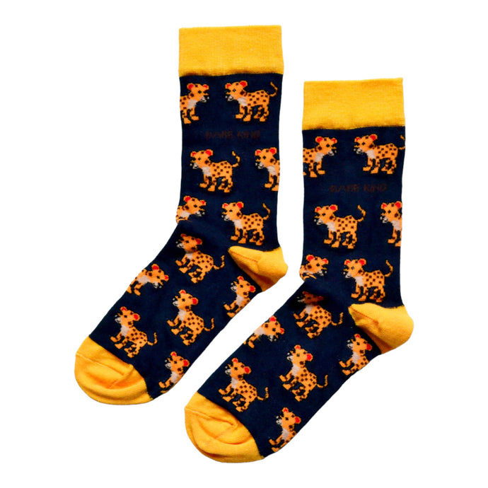 flat lay of navy blue bamboo socks featuring leopard designs