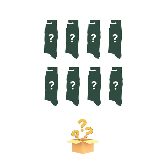 A mystery box listing graphic showing eight dark green silhouette shapes with white question marks above an open gold box with floating question marks on a white background.