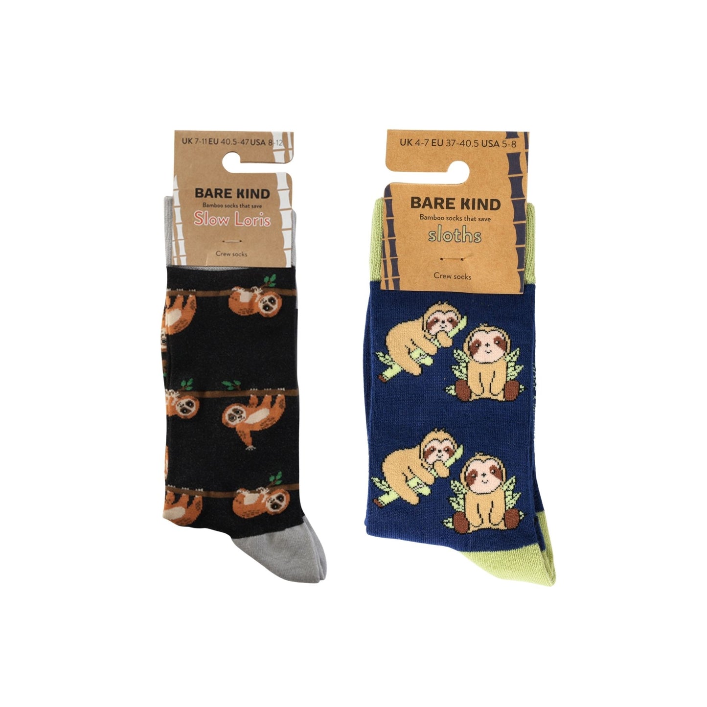 Two pairs of socks with slow loris and sloth design, one black and one blue, on a white background.