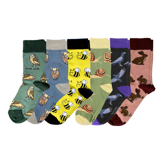 Set of colorful socks with various patterns on a white background