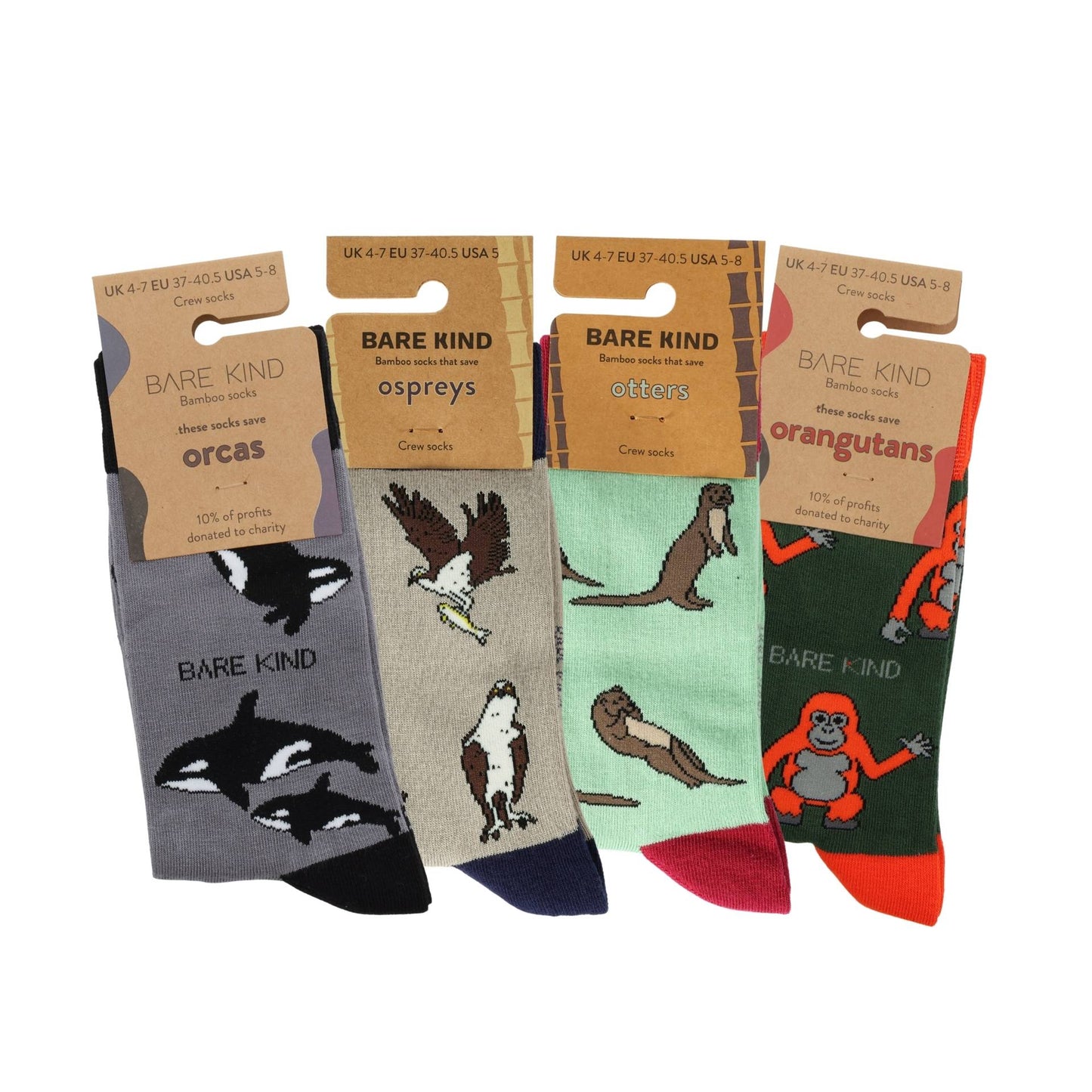 Four pairs of socks with animal designs and 'Bare Kind' branding on a white background
