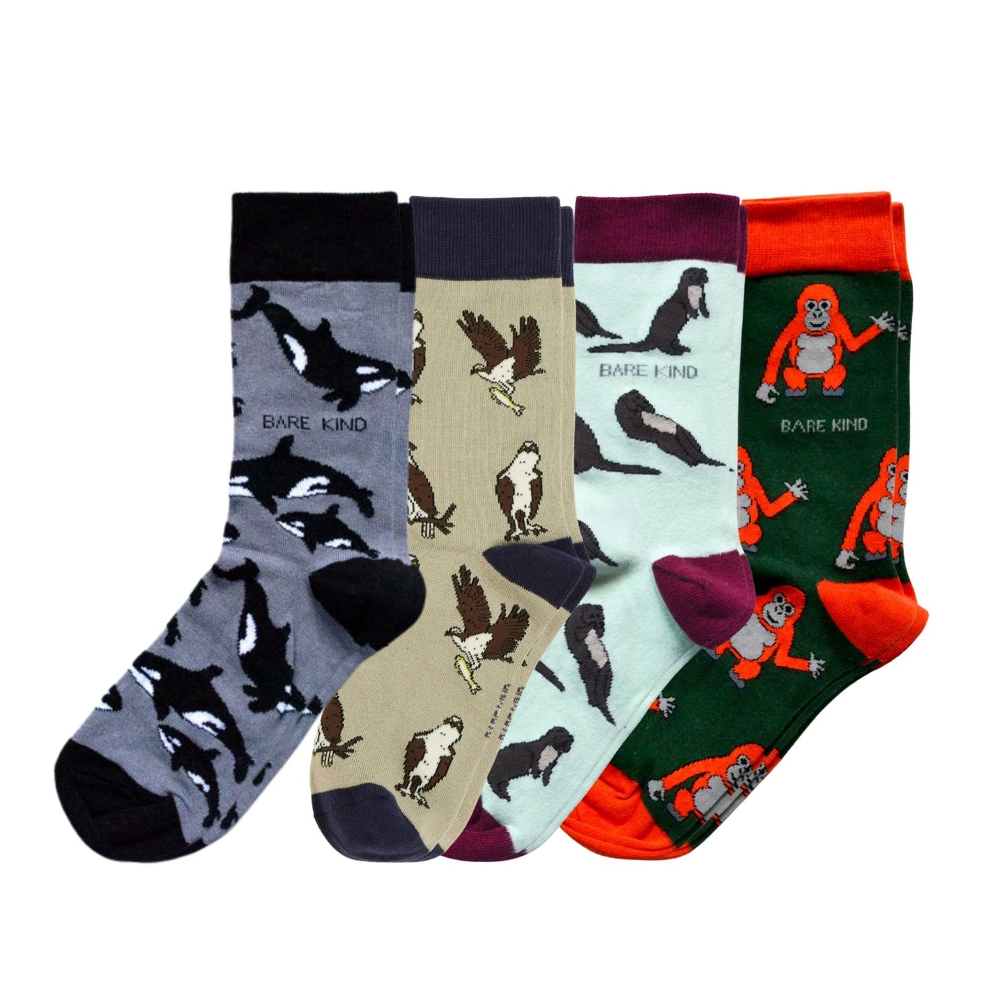Four pairs of socks with animal designs on a white background