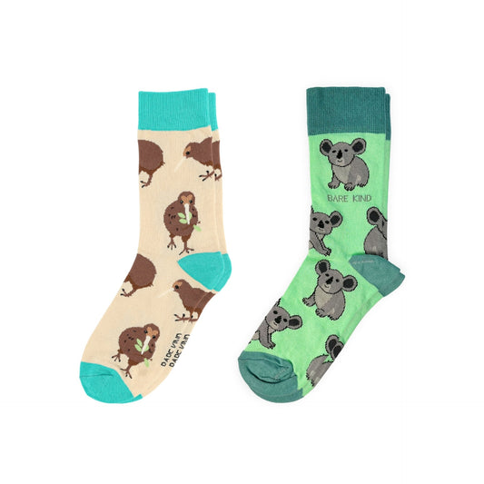 Two pairs of socks with animal patterns on a white background