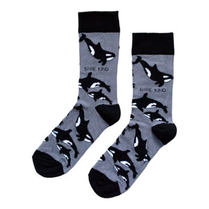 flat lay of black and grey orca bamboo socks