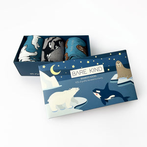 Arctic gift box made from 100% recyclable packaging . This box featured polar bear, orca and walrus socks