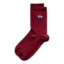 flat lay of ruby red panda bamboo ribbed socks, with embroidered panda motif on the cuff