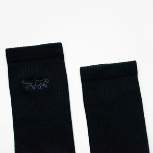 cuff closeup flat lay of ribbed black panther socks