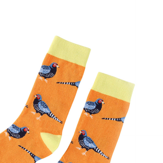 Orange Pheasant bamboo socks on a white background