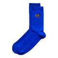 flat lay of saphire blue ribbed tiger socks with embroidered tiger motif on the cuff