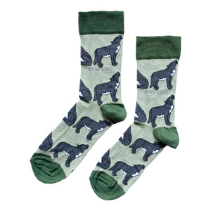 flat lay of green bamboo wolf socks
