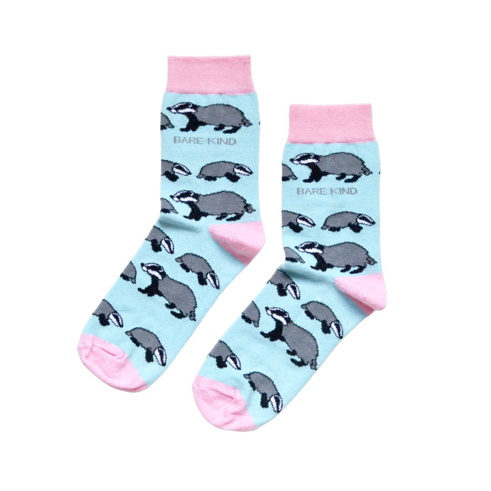 Blue and pink badgers bamboo socks, flat lay