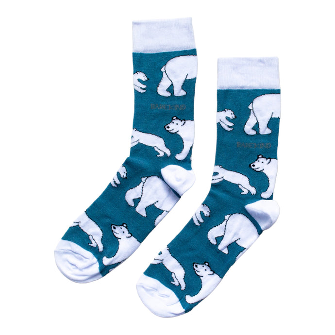 flat lay of blue and white polar bear socks
