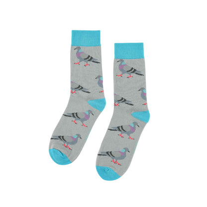 A pair of gray crew socks featuring a repeating pattern of colorful pigeons, with bright turquoise blue cuffs, heels, and toes, displayed on a clean white background.