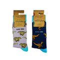 Flat lays of Bare Kind bamboo socks in lilac cheetah design and bright blue raptor design