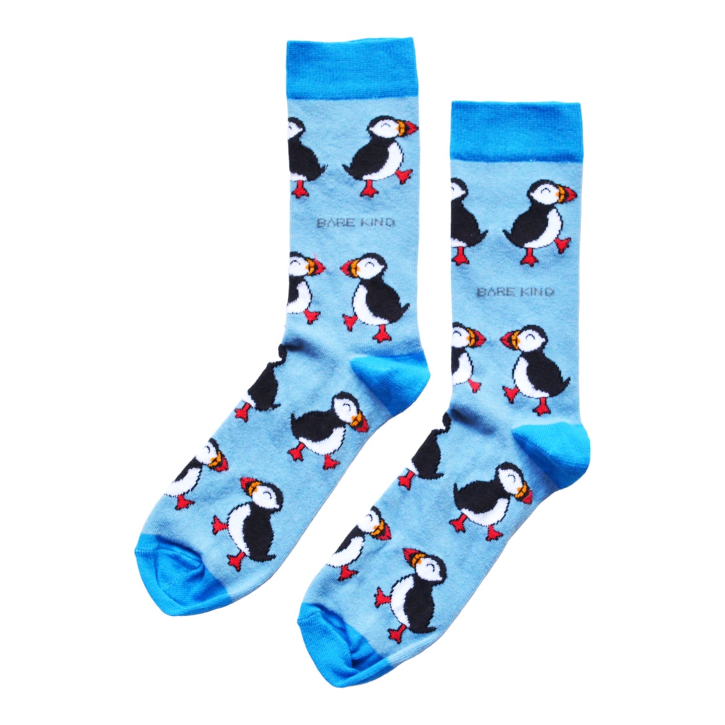 flat lay of blue puffin socks