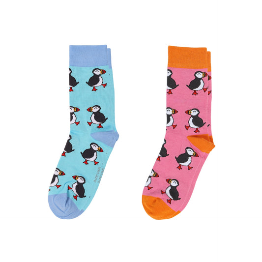 flat lays of blue puffin and pink puffin bamboo socks