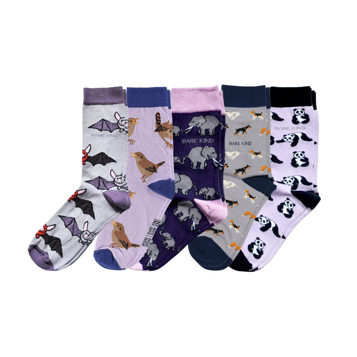 A set of five crew socks in assorted colors, each featuring a different animal print including bats, birds, elephants, dogs, and pandas.