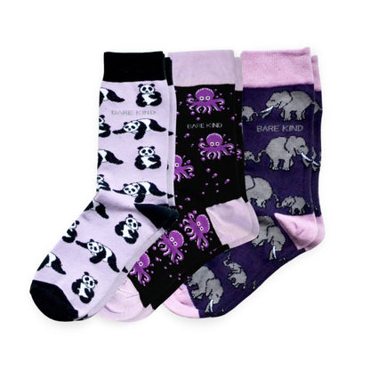 flat lays of purple Panda, Octopus & Elephant bamboo socks