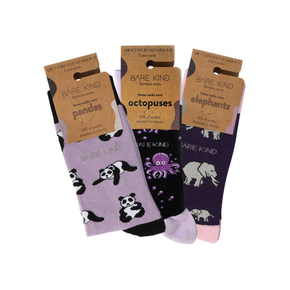 packaging flat lays of purple Panda, Octopus & Elephant 