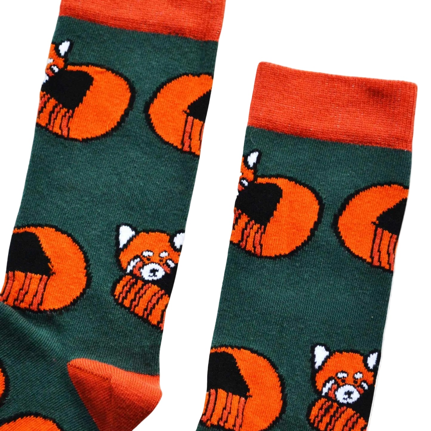 flat lay of dark green bamboo socks with woven red panda design