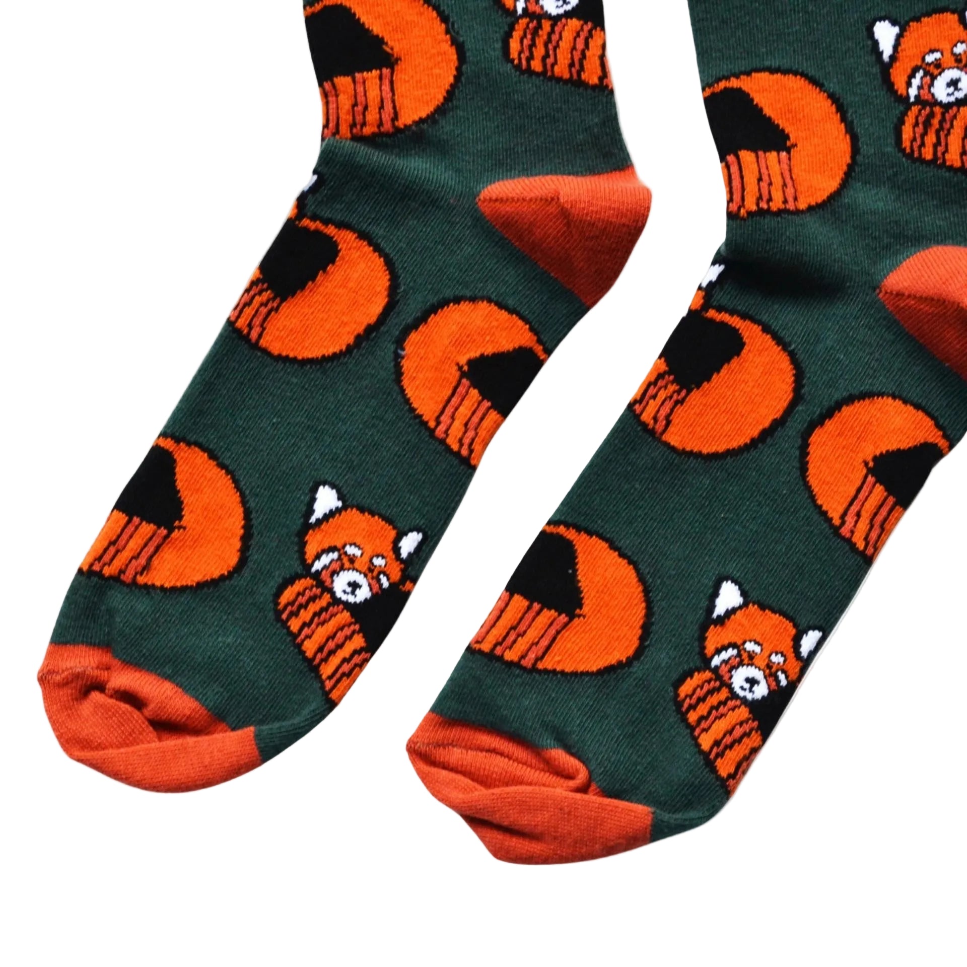flat lay of dark green bamboo socks with woven red panda design