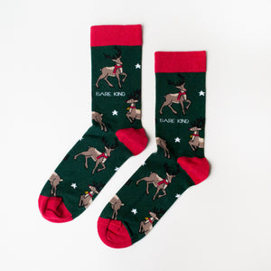 flat lay of christmas reindeer socks