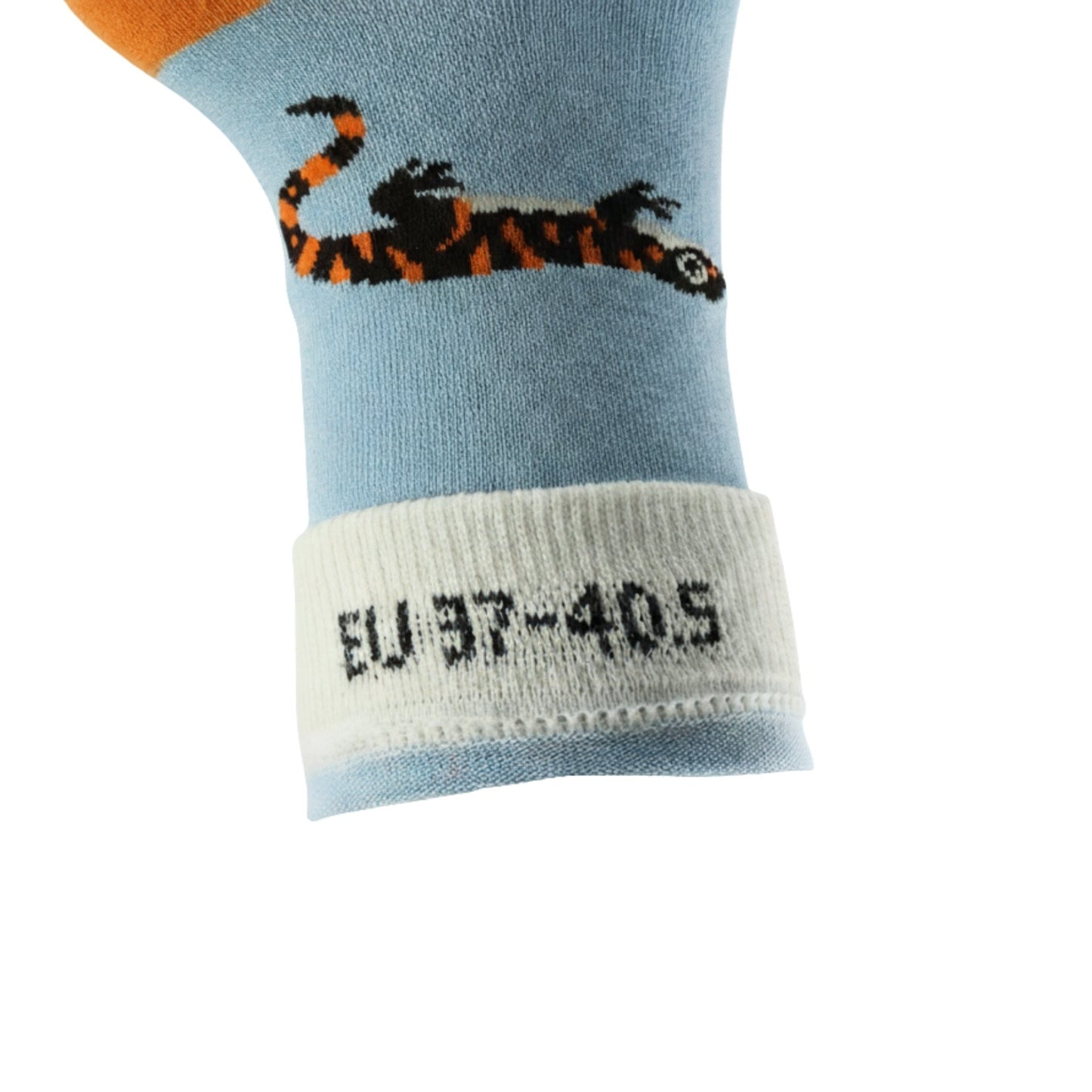 Sock with a salamander design on a light blue background