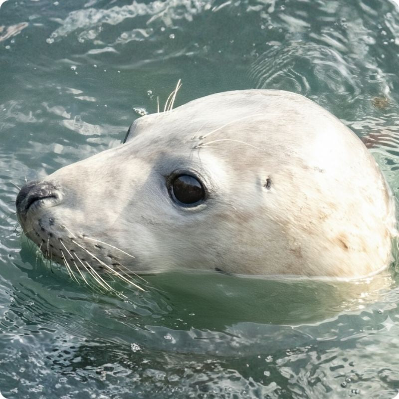 Seal partially submerged in water with a close-up view of its face.