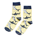 flat lay of pastel yellow shark bamboo socks with grey cuffs and heals