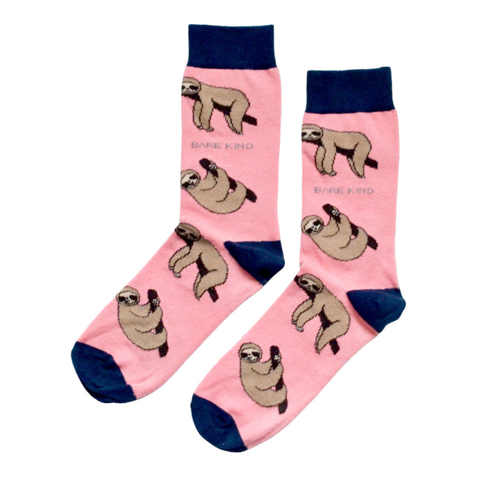 flat lay of salmon pink bamboo socks with woven sloth design