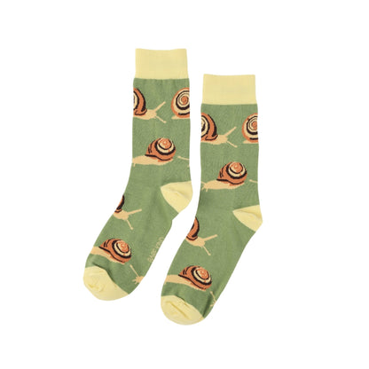 Green socks with snail pattern on a white background