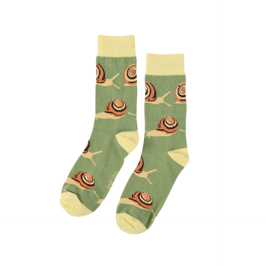 Green socks with snail pattern on a white background