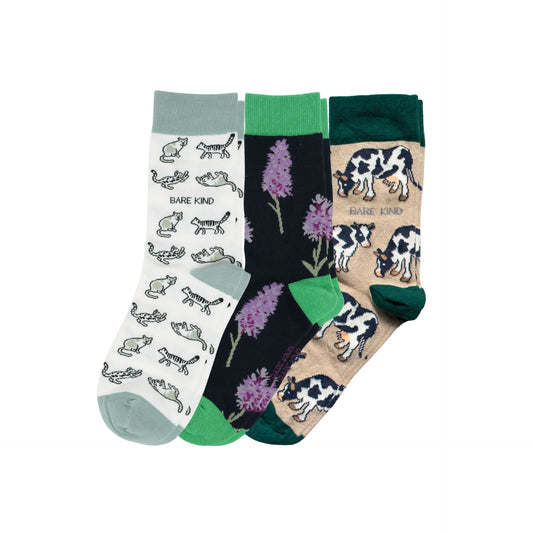 Three pairs of socks with different designs on a white background