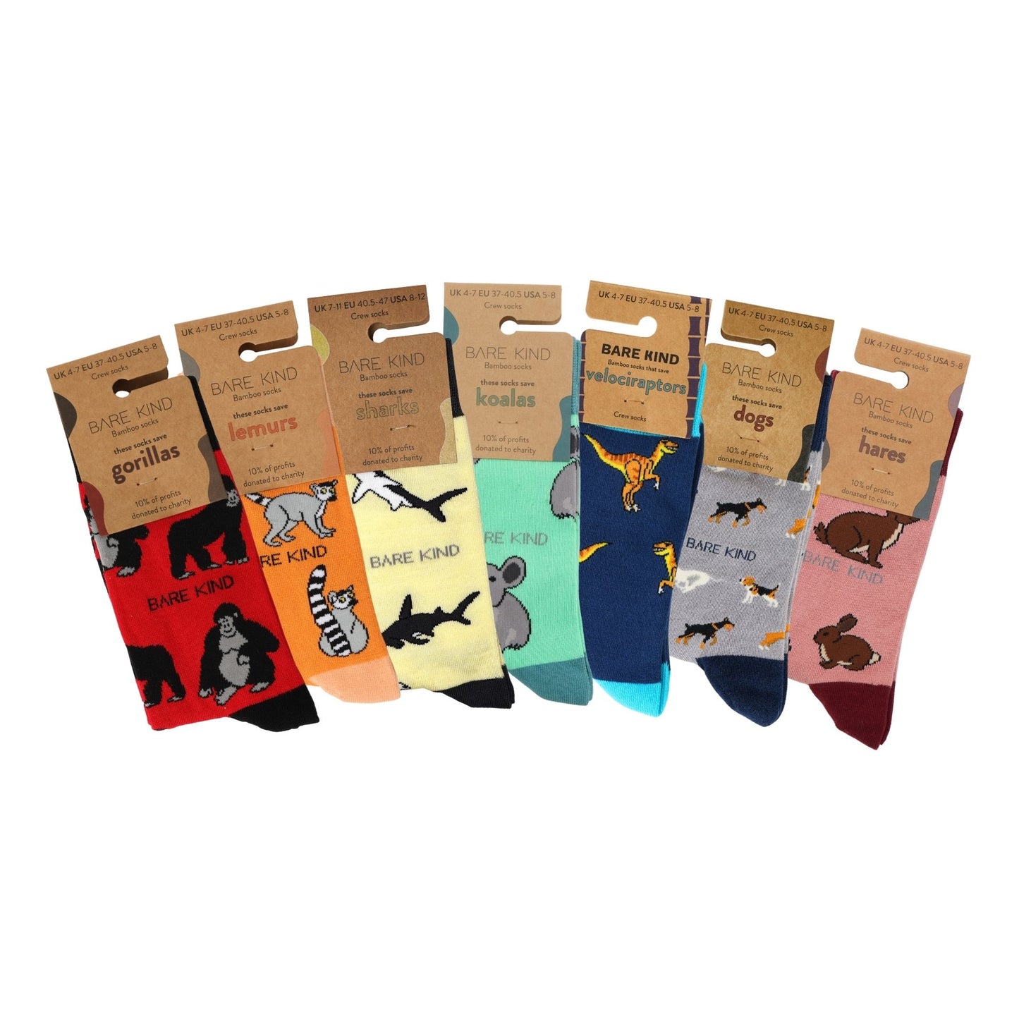 Set of animal-themed socks with packaging on a white background