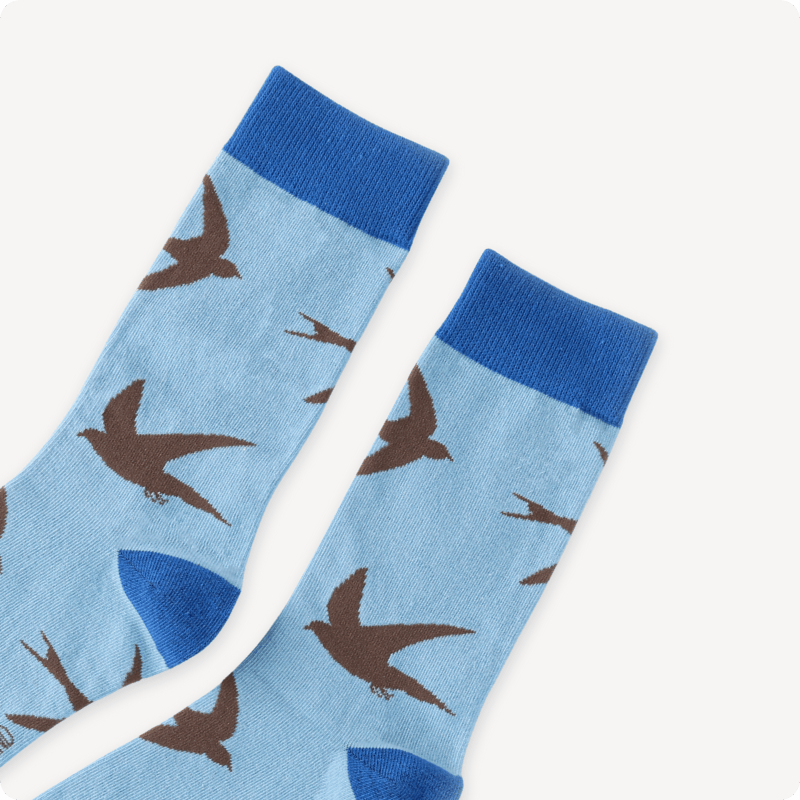 Light blue socks with brown swift pattern on a white background