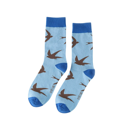 Blue Swift bamboo socks on a white background