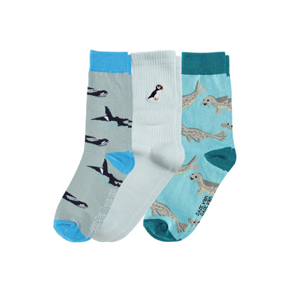 Three pairs of socks with animal patterns on a white background