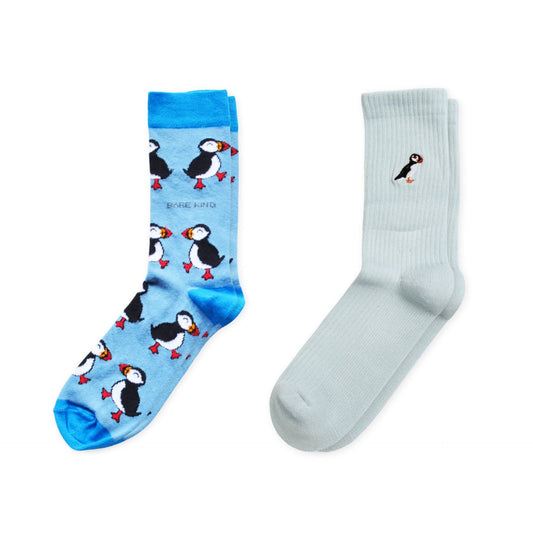 flat lays of Blue Puffin & Blue Ribbed Puffin bamboo socks