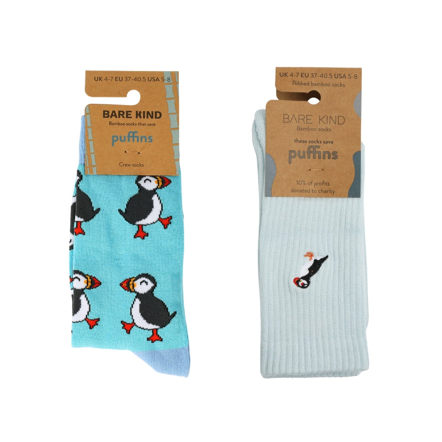 flat lays of Blue Puffin & Blue Ribbed Puffin bamboo socks