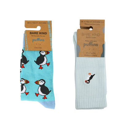flat lays of Blue Puffin & Blue Ribbed Puffin bamboo socks