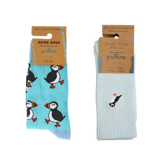 flat lays of Blue Puffin & Blue Ribbed Puffin bamboo socks