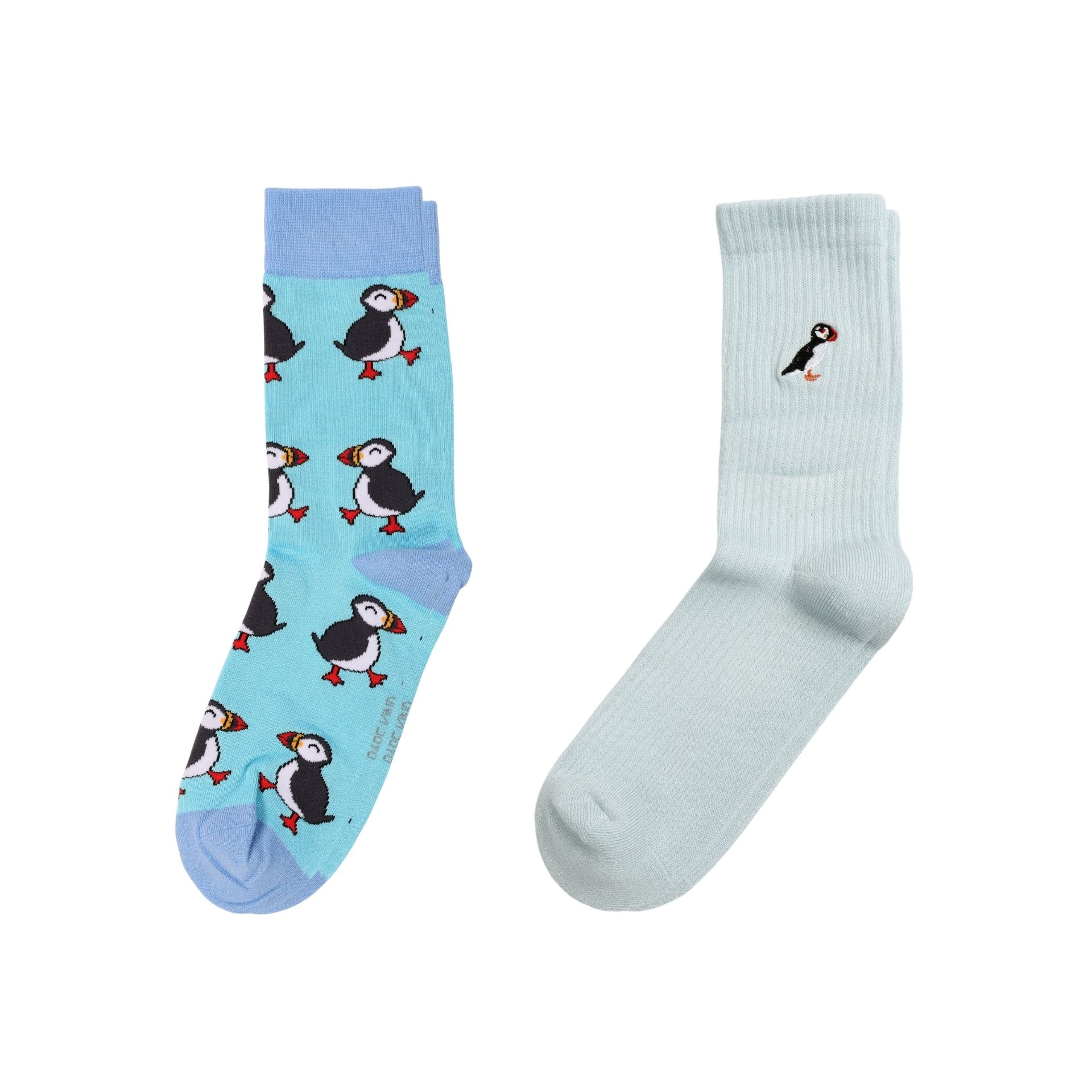 flat lays of Blue Puffin & Blue Ribbed Puffin bamboo socks