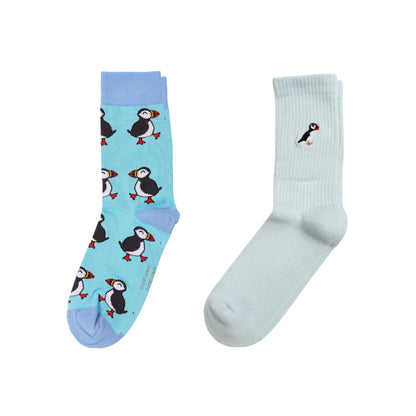 flat lays of Blue Puffin & Blue Ribbed Puffin bamboo socks